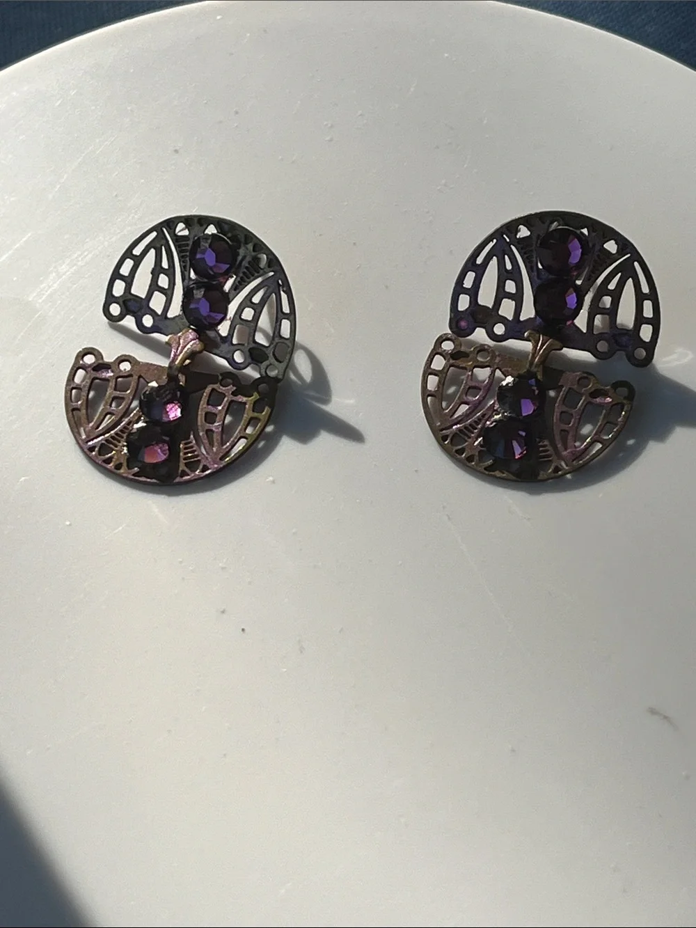 Purple/Pink Iridescent Art Deco Filigree Stud Earrings with Purple Stones
